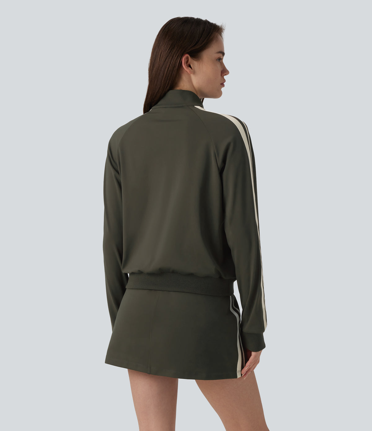Stand Collar Color Block Stripes Workout Jacket with Pockets — Forest Night — view 3