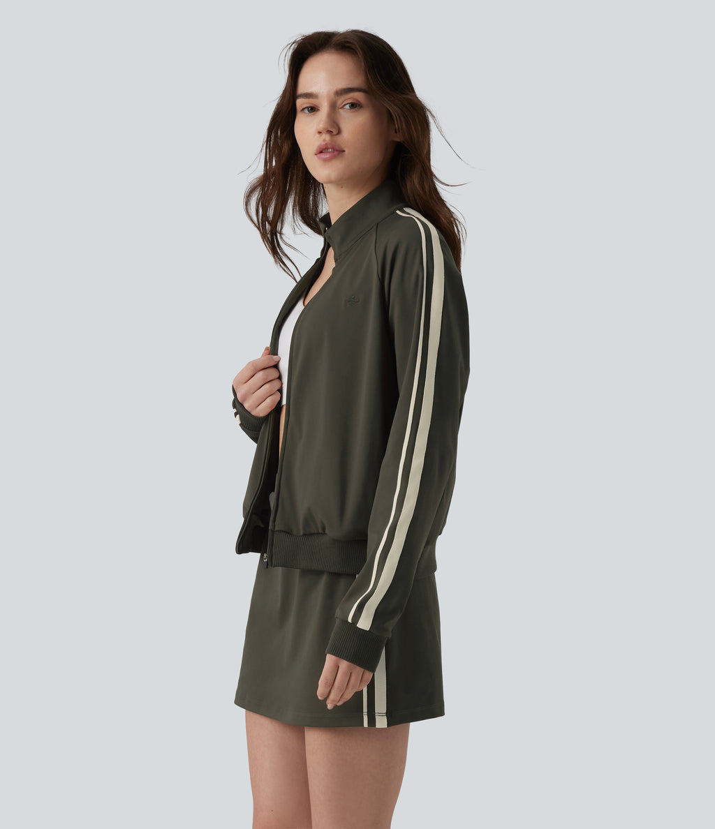 Stand Collar Color Block Stripes Workout Jacket with Pockets — Forest Night — view 4