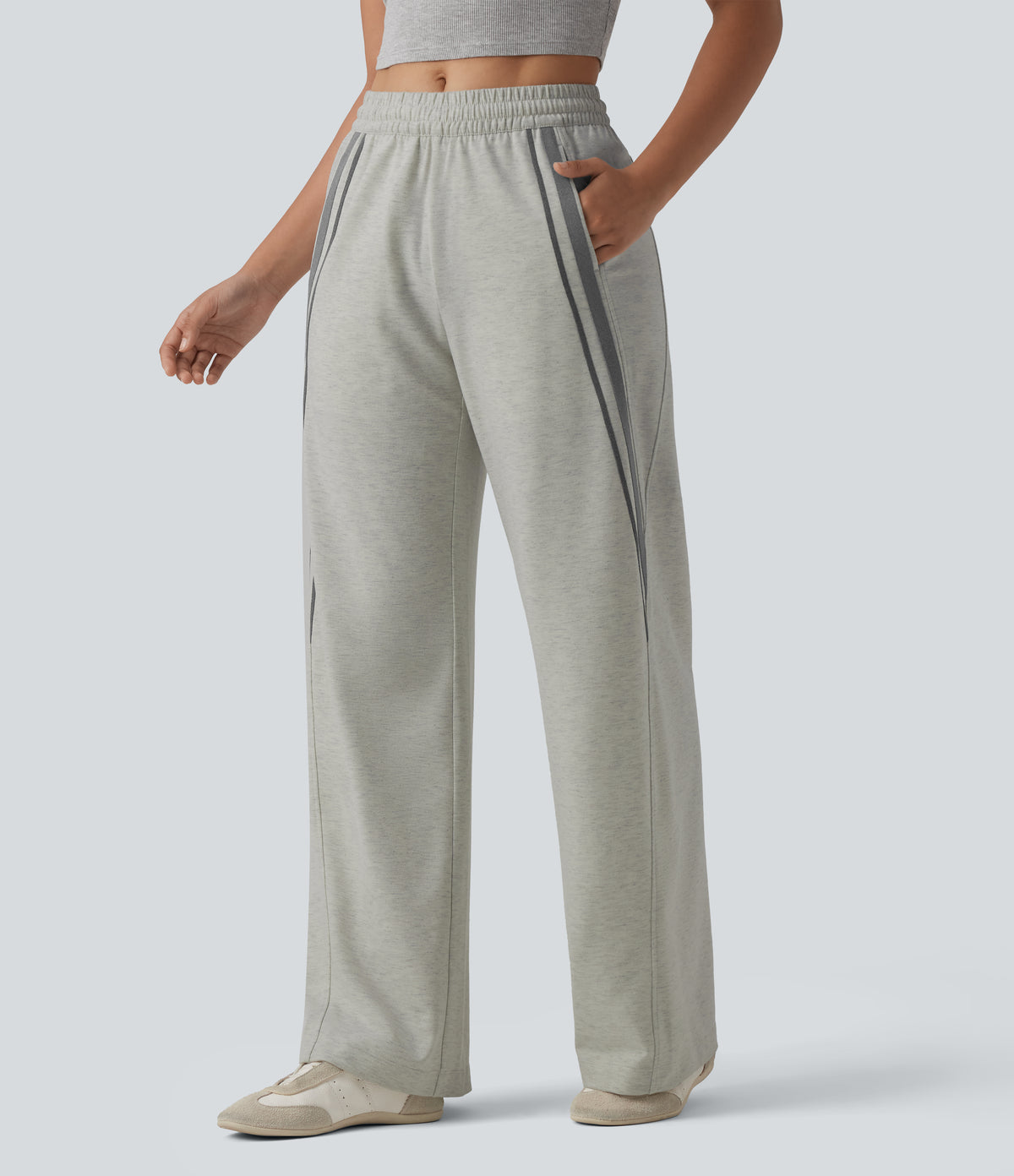 Mid Rise Inner Drawstring Wide Leg Color Block Casual Sweatpants with Pockets — Almond Cloud — view 1