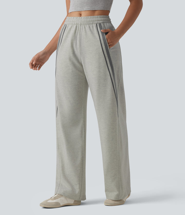Mid Rise Inner Drawstring Wide Leg Color Block Casual Sweatpants with Pockets — Almond Cloud — view 1