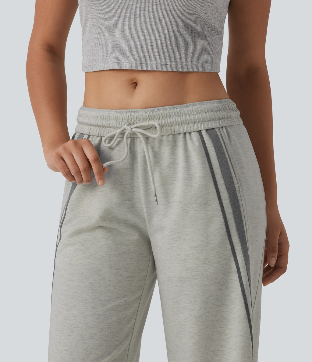 Mid Rise Inner Drawstring Wide Leg Color Block Casual Sweatpants with Pockets — Almond Cloud — view 6