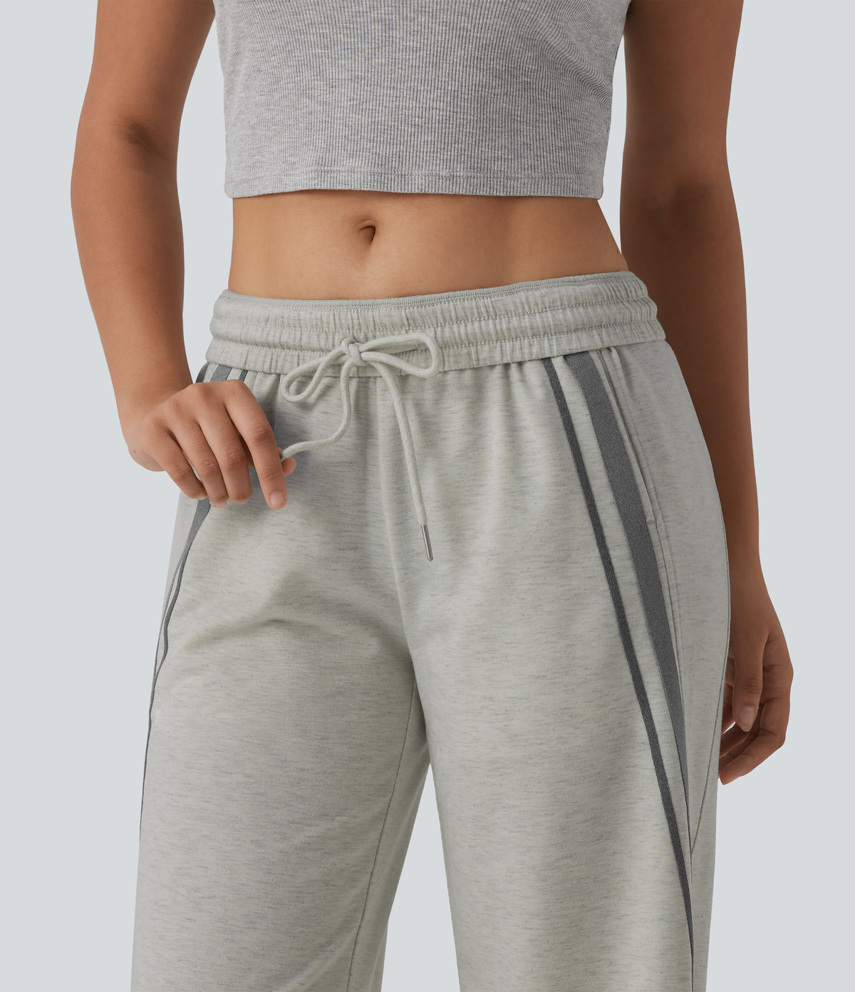 Mid Rise Inner Drawstring Wide Leg Color Block Casual Sweatpants with Pockets — Almond Cloud — view 6