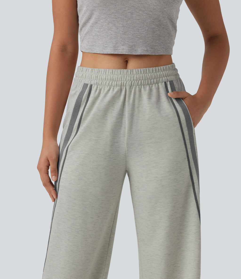 Mid Rise Inner Drawstring Wide Leg Color Block Casual Sweatpants with Pockets — Almond Cloud — view 4