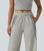 Mid Rise Inner Drawstring Wide Leg Color Block Casual Sweatpants with Pockets — Almond Cloud — view 4