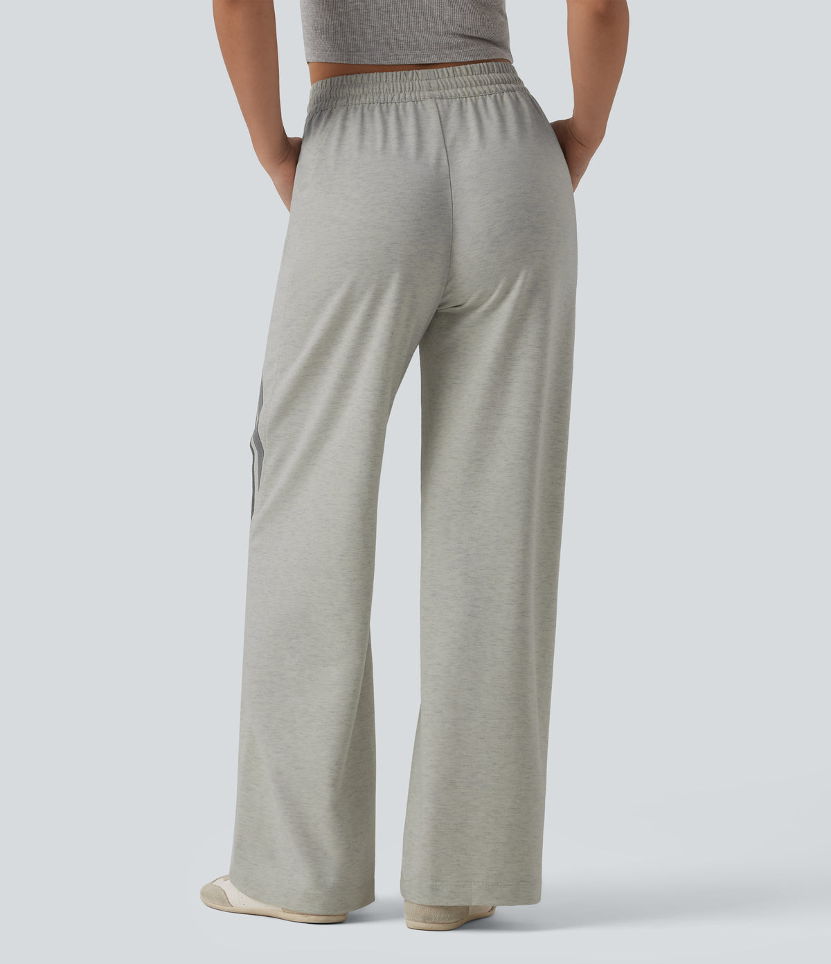 Mid Rise Inner Drawstring Wide Leg Color Block Casual Sweatpants with Pockets — Almond Cloud — view 2