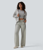 Mid Rise Inner Drawstring Wide Leg Color Block Casual Sweatpants with Pockets — Almond Cloud — view 7