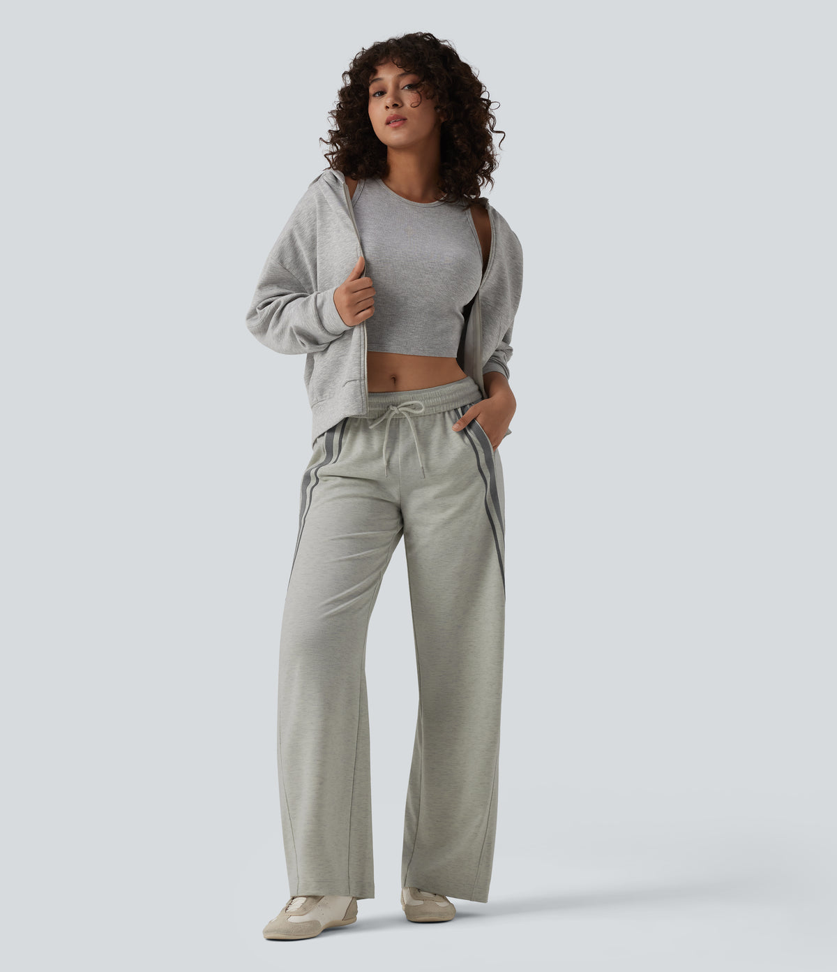 Mid Rise Inner Drawstring Wide Leg Color Block Casual Sweatpants with Pockets — Almond Cloud — view 7