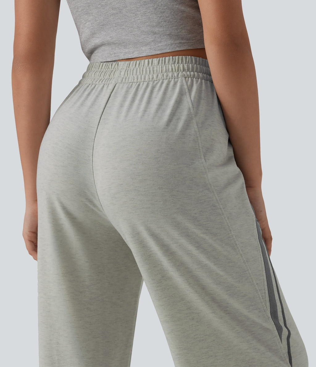 Mid Rise Inner Drawstring Wide Leg Color Block Casual Sweatpants with Pockets — Almond Cloud — view 5