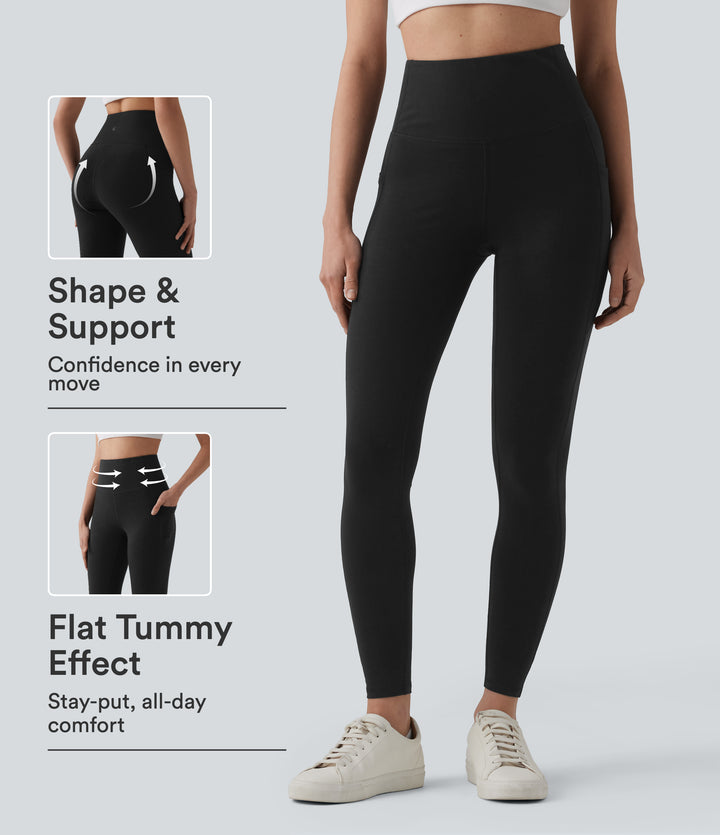 Cotton Jersey High Waisted Yoga Leggings with Pockets — Black — view 1
