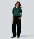Round Neck Short Sleeve Casual Blouse-Front and Back Wearable — Evergreen — view 7
