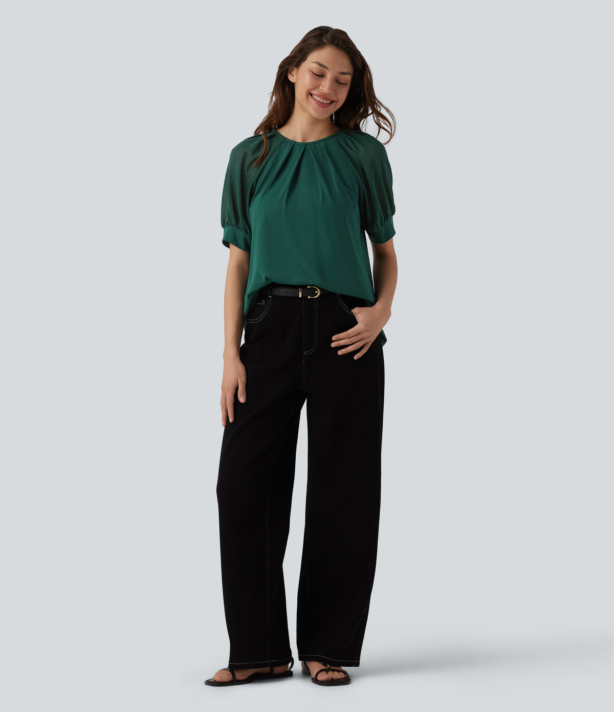 Round Neck Short Sleeve Casual Blouse-Front and Back Wearable — Evergreen — view 7