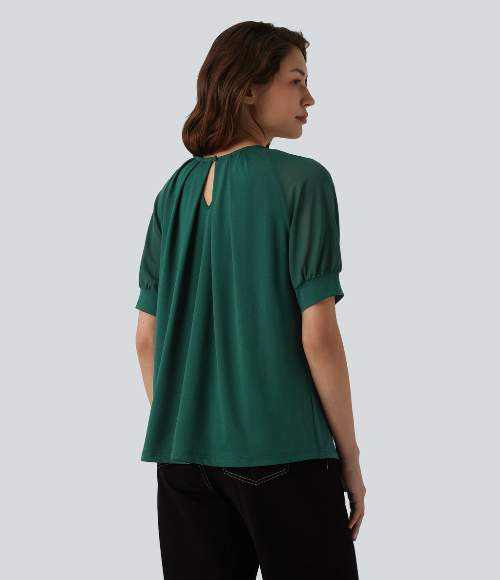 Round Neck Short Sleeve Casual Blouse-Front and Back Wearable — Evergreen — view 2