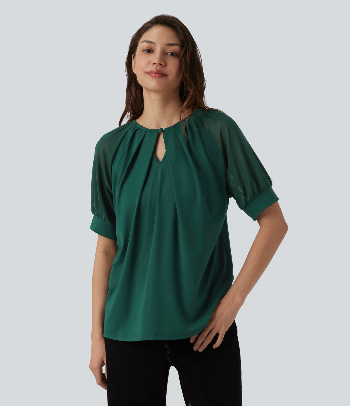 Round Neck Short Sleeve Casual Blouse-Front and Back Wearable — Evergreen — view 6
