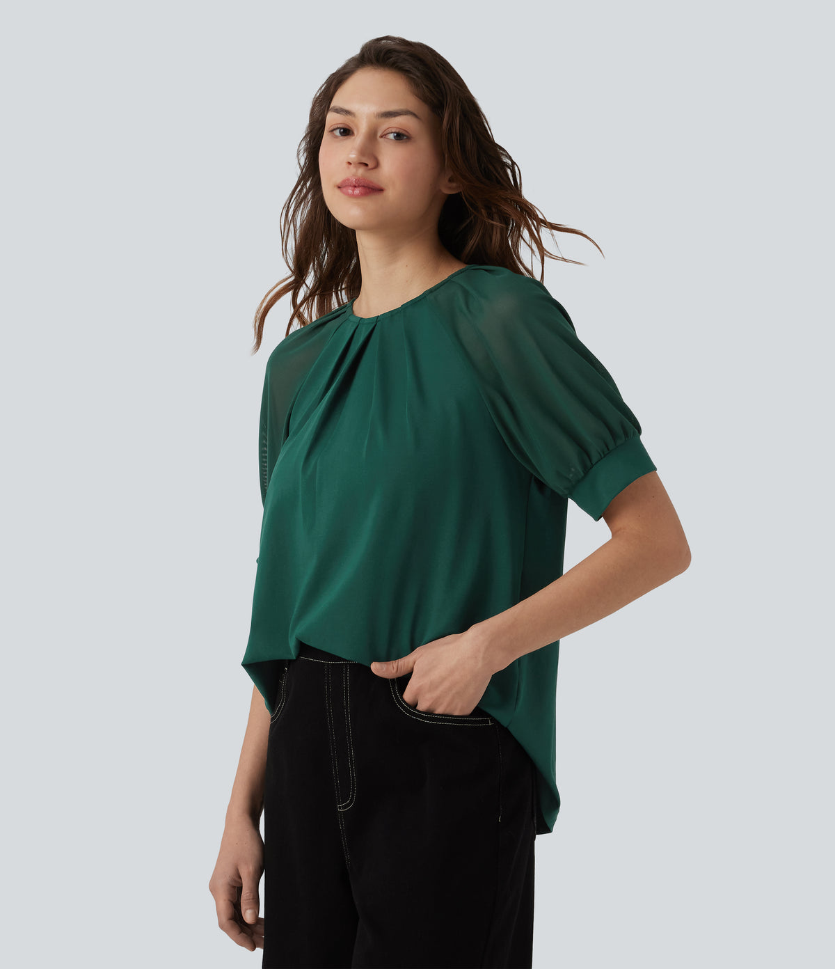Round Neck Short Sleeve Casual Blouse-Front and Back Wearable — Evergreen — view 3