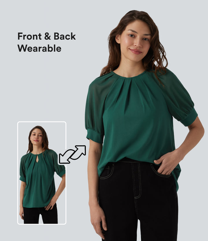 Round Neck Short Sleeve Casual Blouse-Front and Back Wearable — Evergreen — view 1