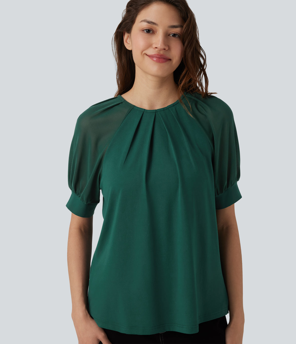 Round Neck Short Sleeve Casual Blouse-Front and Back Wearable — Evergreen — view 4
