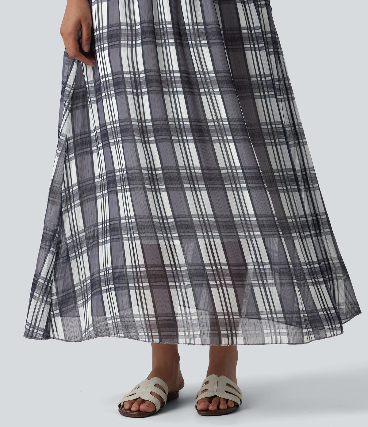 High Waisted Flowy Midi Casual Skirt with Pockets — Daylight Plaid — view 4