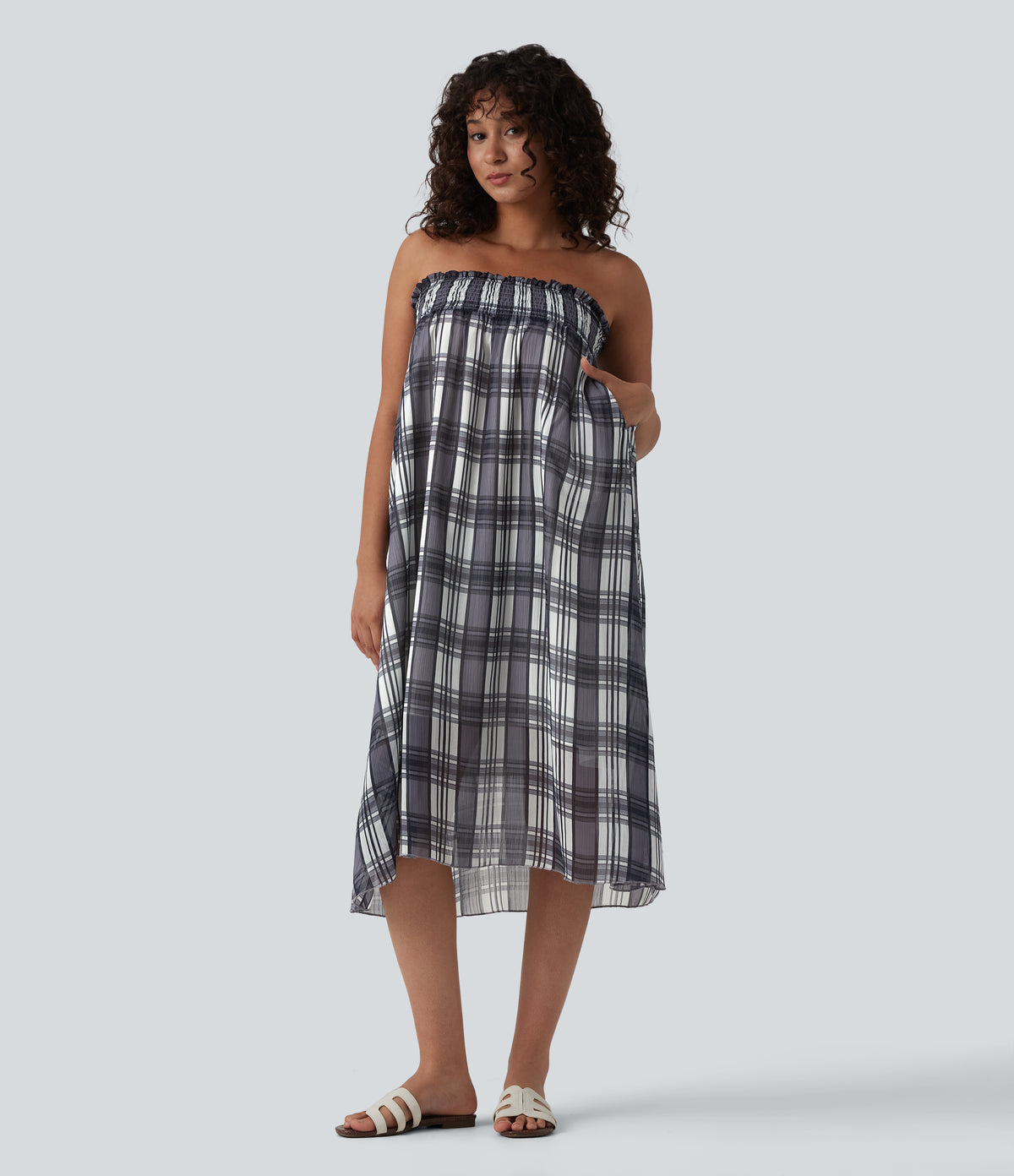 High Waisted Flowy Midi Casual Skirt with Pockets — Daylight Plaid — view 5