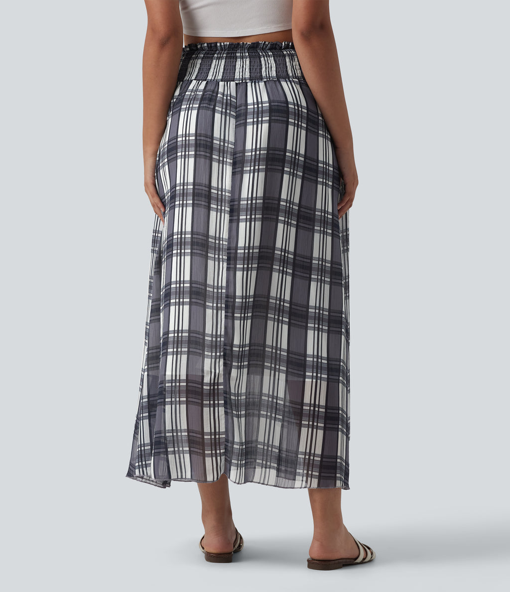 High Waisted Flowy Midi Casual Skirt with Pockets — Daylight Plaid — view 2
