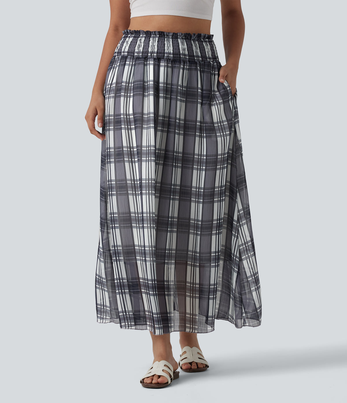 High Waisted Flowy Midi Casual Skirt with Pockets — Daylight Plaid — view 1
