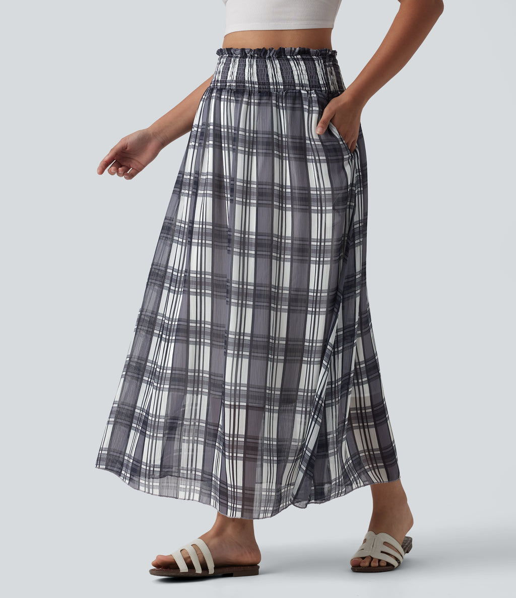 High Waisted Flowy Midi Casual Skirt with Pockets — Daylight Plaid — view 3