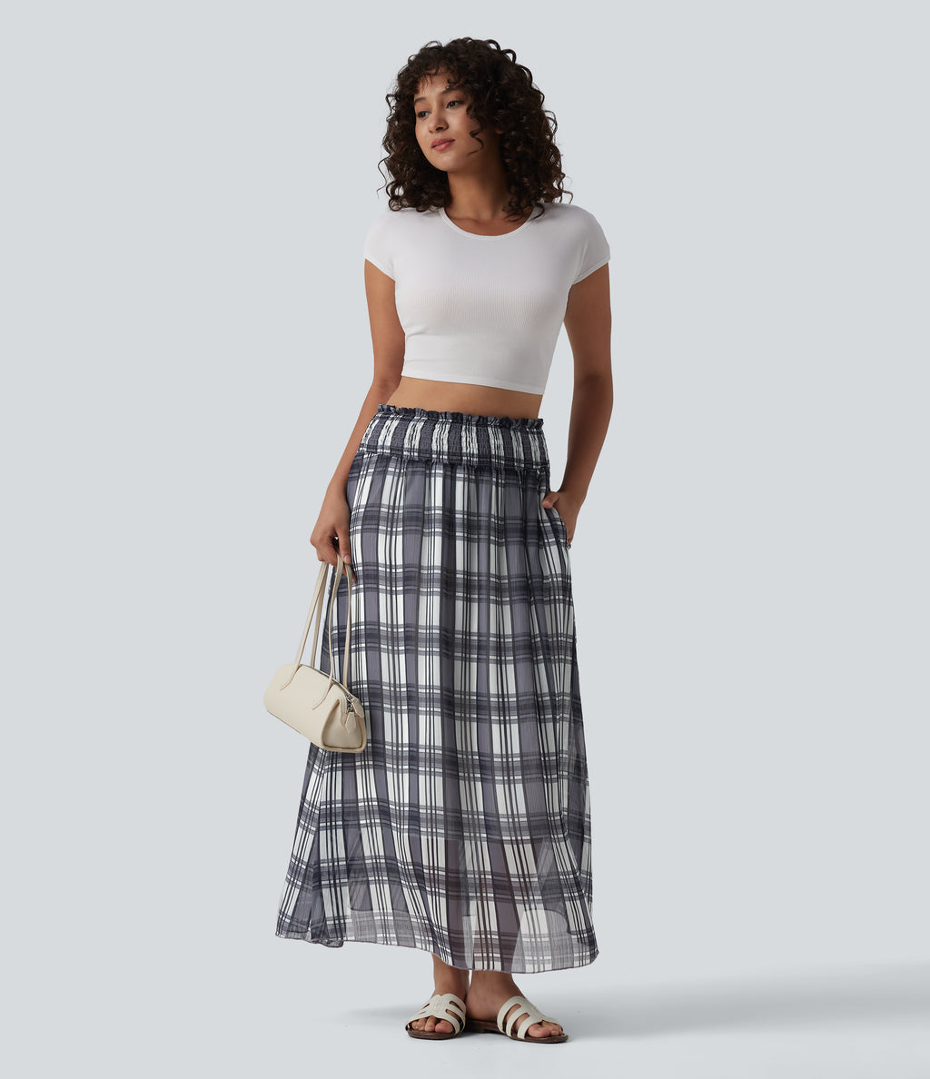 High Waisted Flowy Midi Casual Skirt with Pockets — Daylight Plaid — view 7