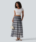 High Waisted Flowy Midi Casual Skirt with Pockets — Daylight Plaid — view 7