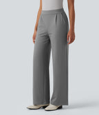 High Waisted Stripes Work Wide Leg Trousers with Pockets — Dusk Smoke Pinstripe — view 3