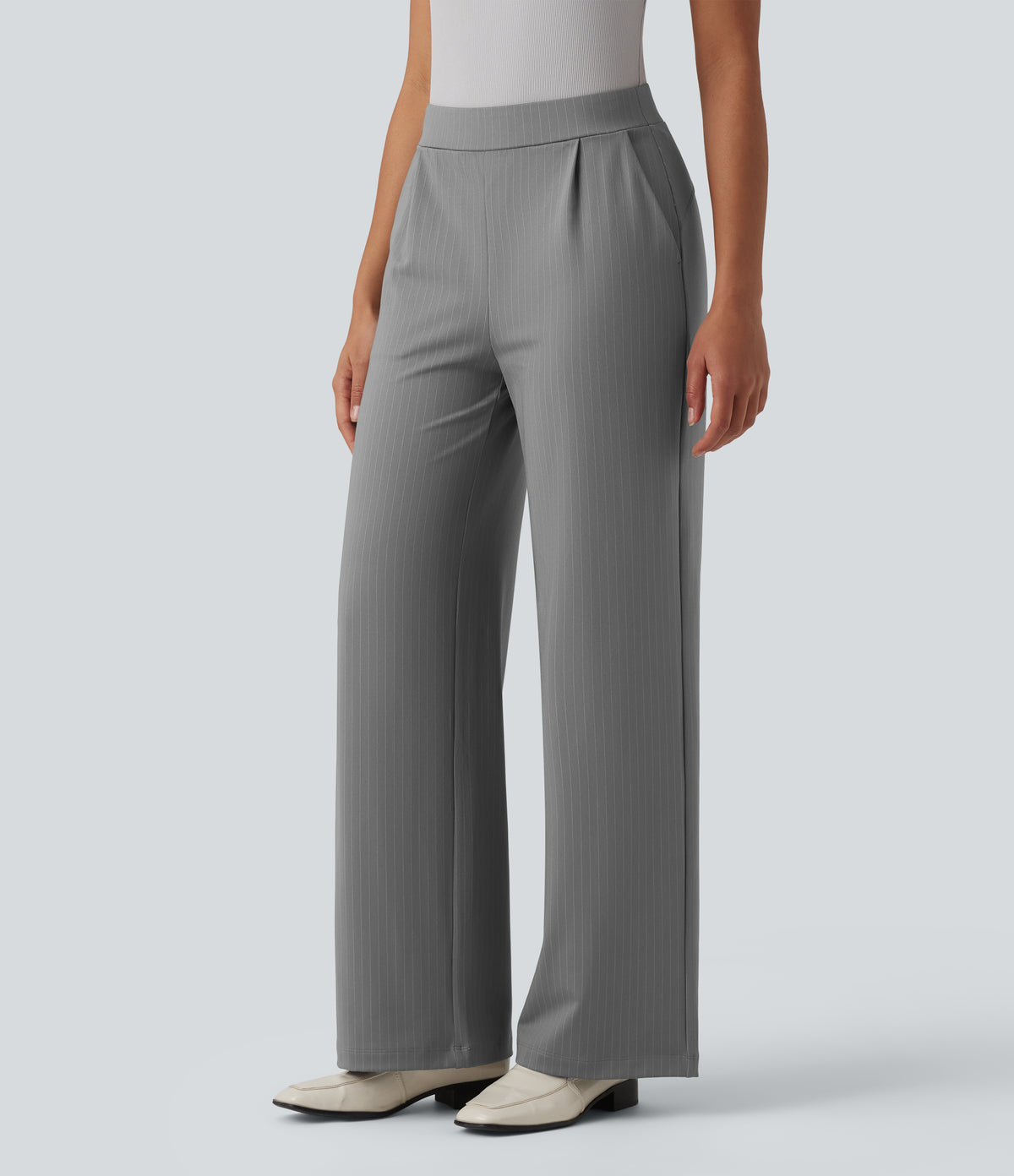 High Waisted Stripes Work Wide Leg Trousers with Pockets — Dusk Smoke Pinstripe — view 3