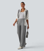 High Waisted Stripes Work Wide Leg Trousers with Pockets — Dusk Smoke Pinstripe — view 6
