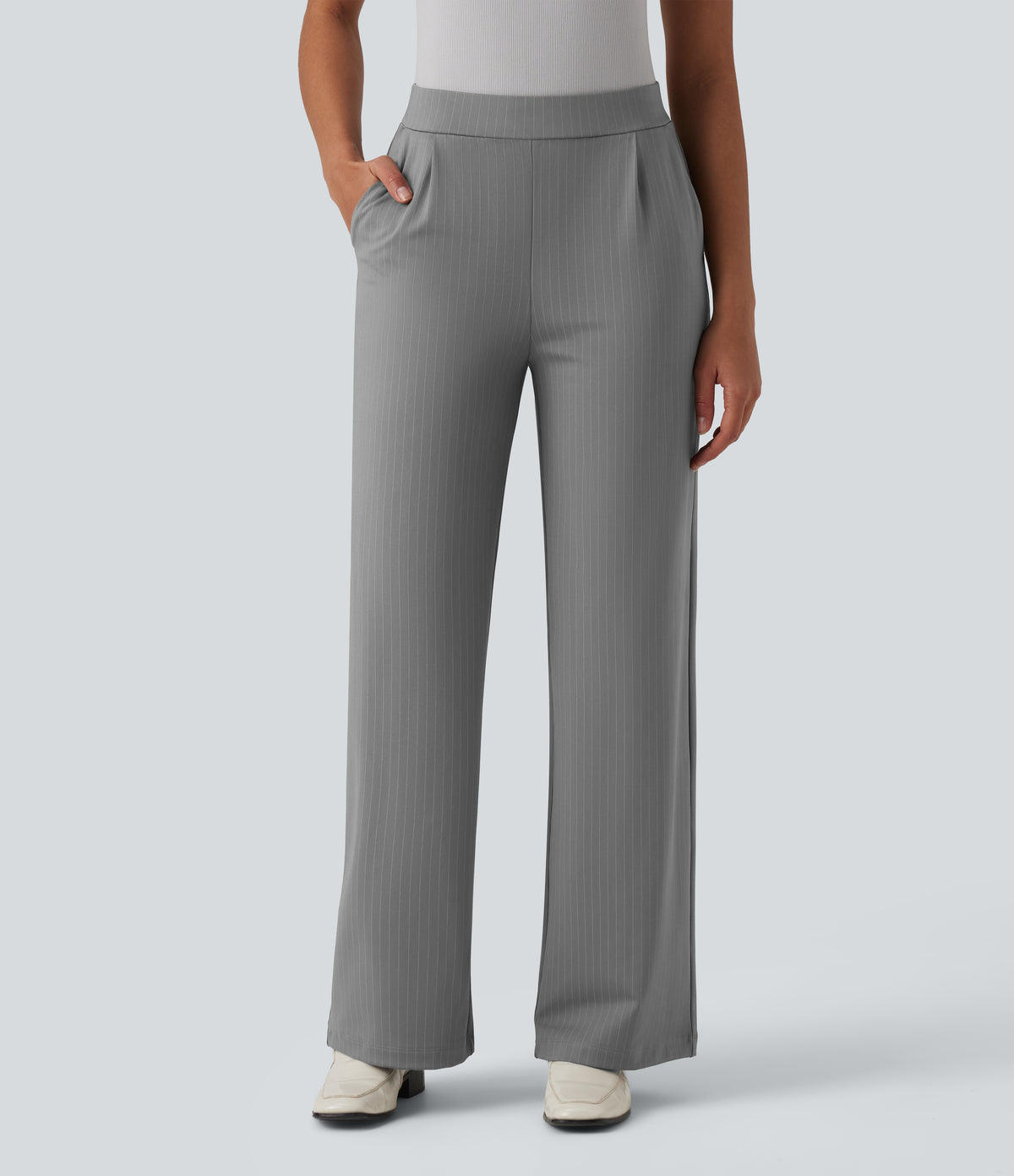 High Waisted Stripes Work Wide Leg Trousers with Pockets — Dusk Smoke Pinstripe — view 1