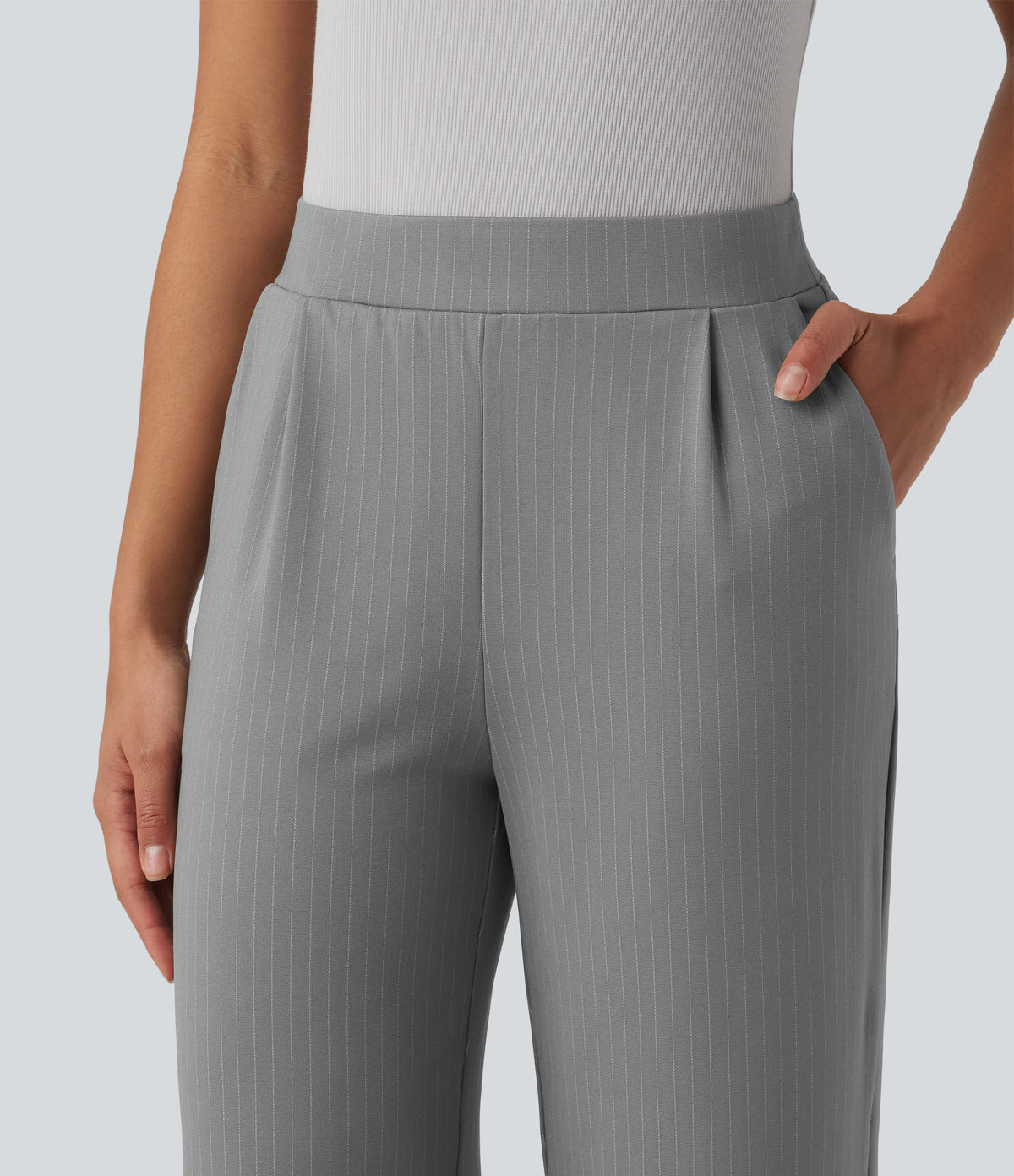 High Waisted Stripes Work Wide Leg Trousers with Pockets — Dusk Smoke Pinstripe — view 4