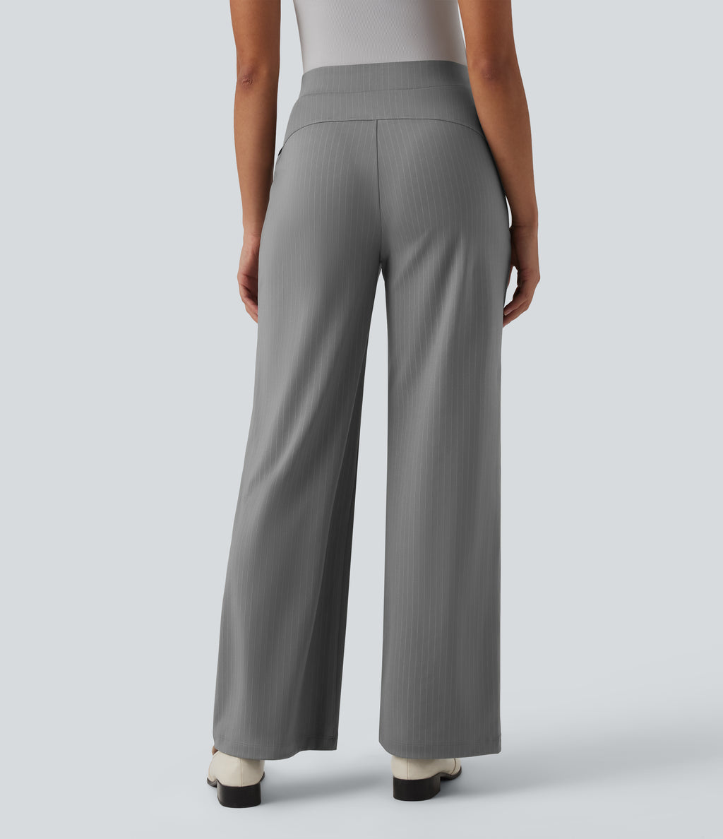 High Waisted Stripes Work Wide Leg Trousers with Pockets — Dusk Smoke Pinstripe — view 2
