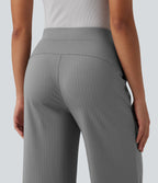 High Waisted Stripes Work Wide Leg Trousers with Pockets — Dusk Smoke Pinstripe — view 5