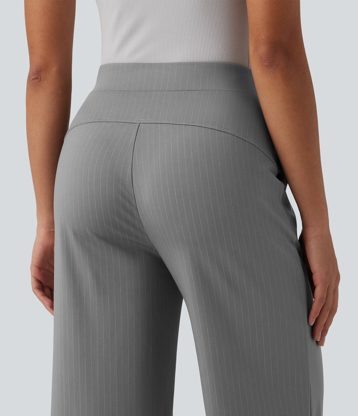 High Waisted Stripes Work Wide Leg Trousers with Pockets — Dusk Smoke Pinstripe — view 5