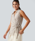 Collar Sleeveless Tie-side Wrapped Casual Linen-Feel Shirt — Temple Gray — view 5