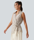 Collar Sleeveless Tie-side Wrapped Casual Linen-Feel Shirt — Temple Gray — view 3