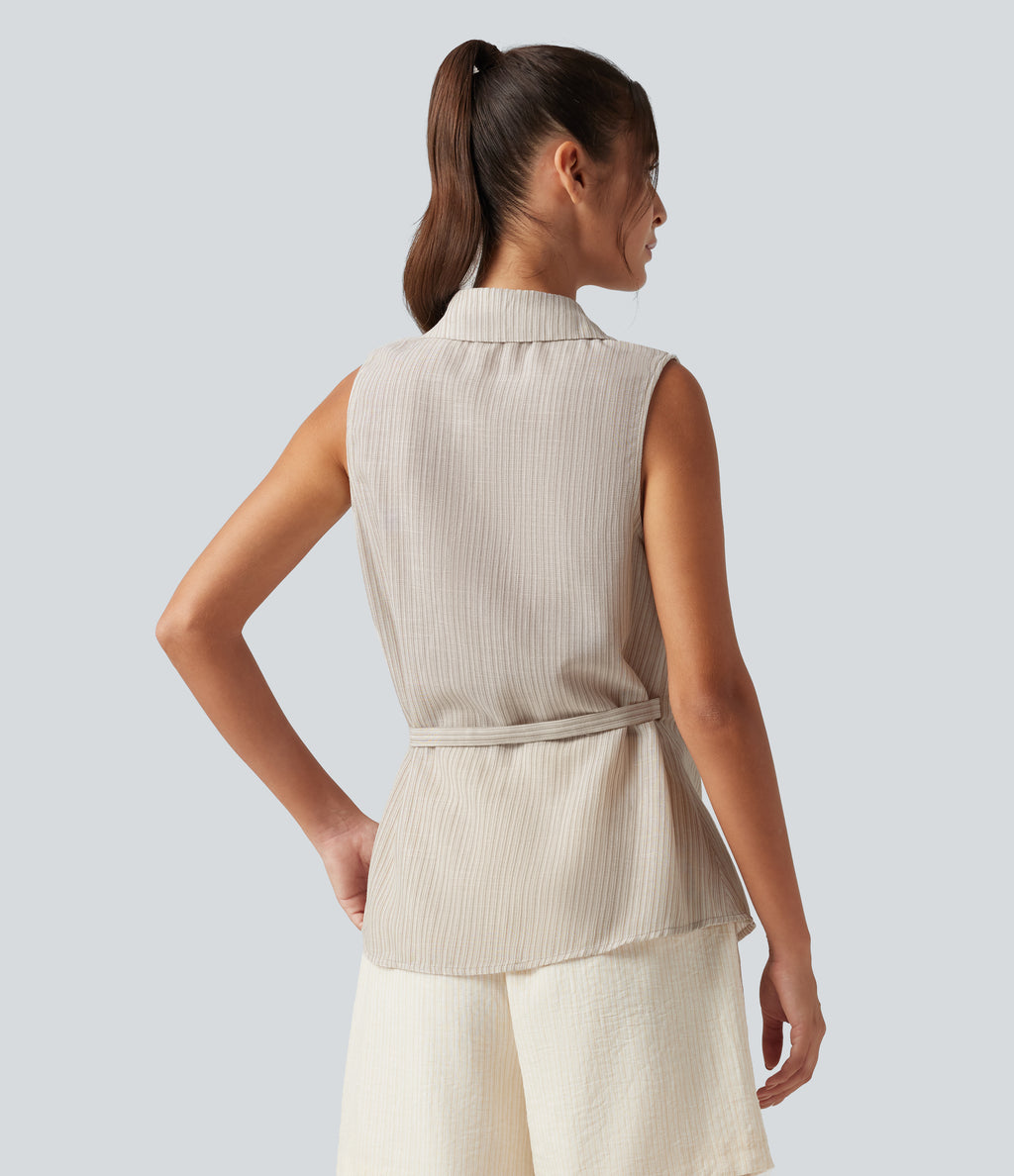 Collar Sleeveless Tie-side Wrapped Casual Linen-Feel Shirt — Temple Gray — view 2