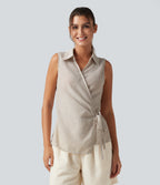 Collar Sleeveless Tie-side Wrapped Casual Linen-Feel Shirt — Temple Gray — view 1