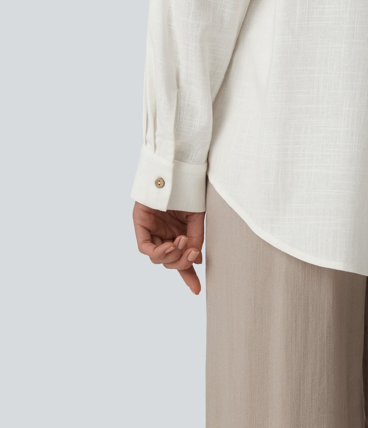 Collar Button Long Sleeve Curved Hem Casual Linen Shirt with Pockets — White — view 6