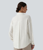 Collar Button Long Sleeve Curved Hem Casual Linen Shirt with Pockets — White — view 2