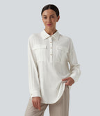 Collar Button Long Sleeve Curved Hem Casual Linen Shirt with Pockets — White — view 4