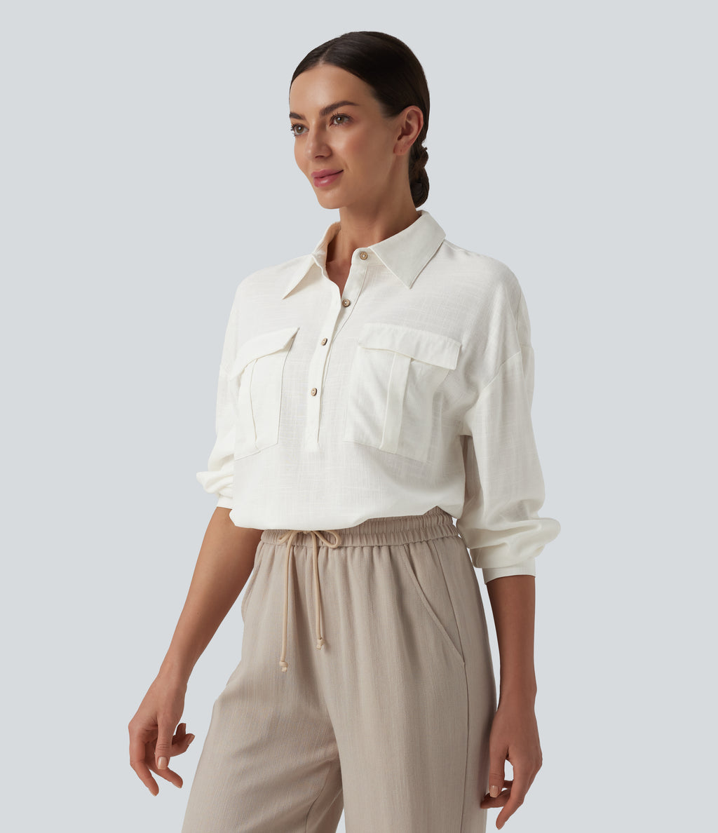 Collar Button Long Sleeve Curved Hem Casual Linen Shirt with Pockets — White — view 1