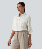 Collar Button Long Sleeve Curved Hem Casual Linen Shirt with Pockets — White — view 1