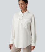 Collar Button Long Sleeve Curved Hem Casual Linen Shirt with Pockets — White — view 5