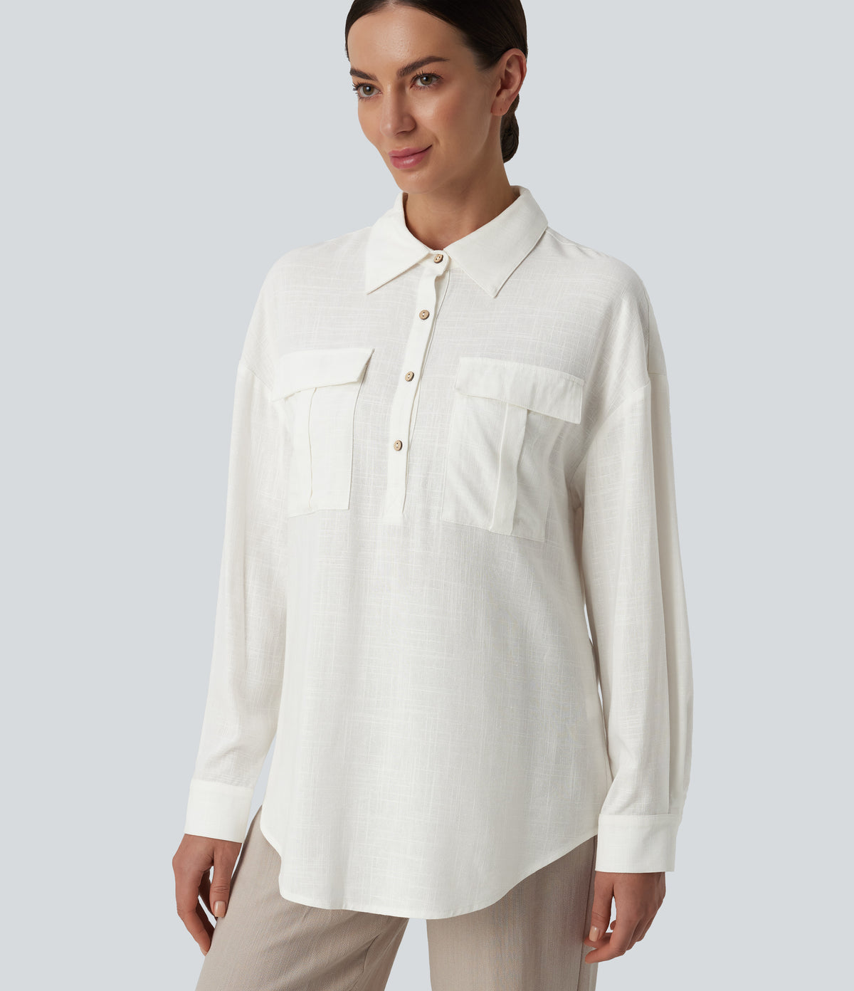 Collar Button Long Sleeve Curved Hem Casual Linen Shirt with Pockets — White — view 5