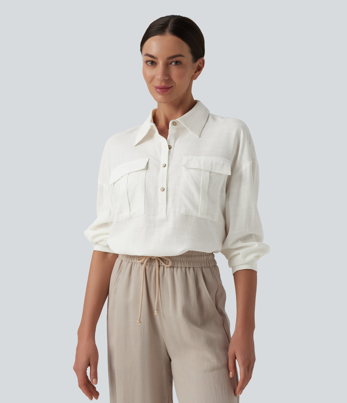Collar Button Long Sleeve Curved Hem Casual Linen Shirt with Pockets — White — view 3