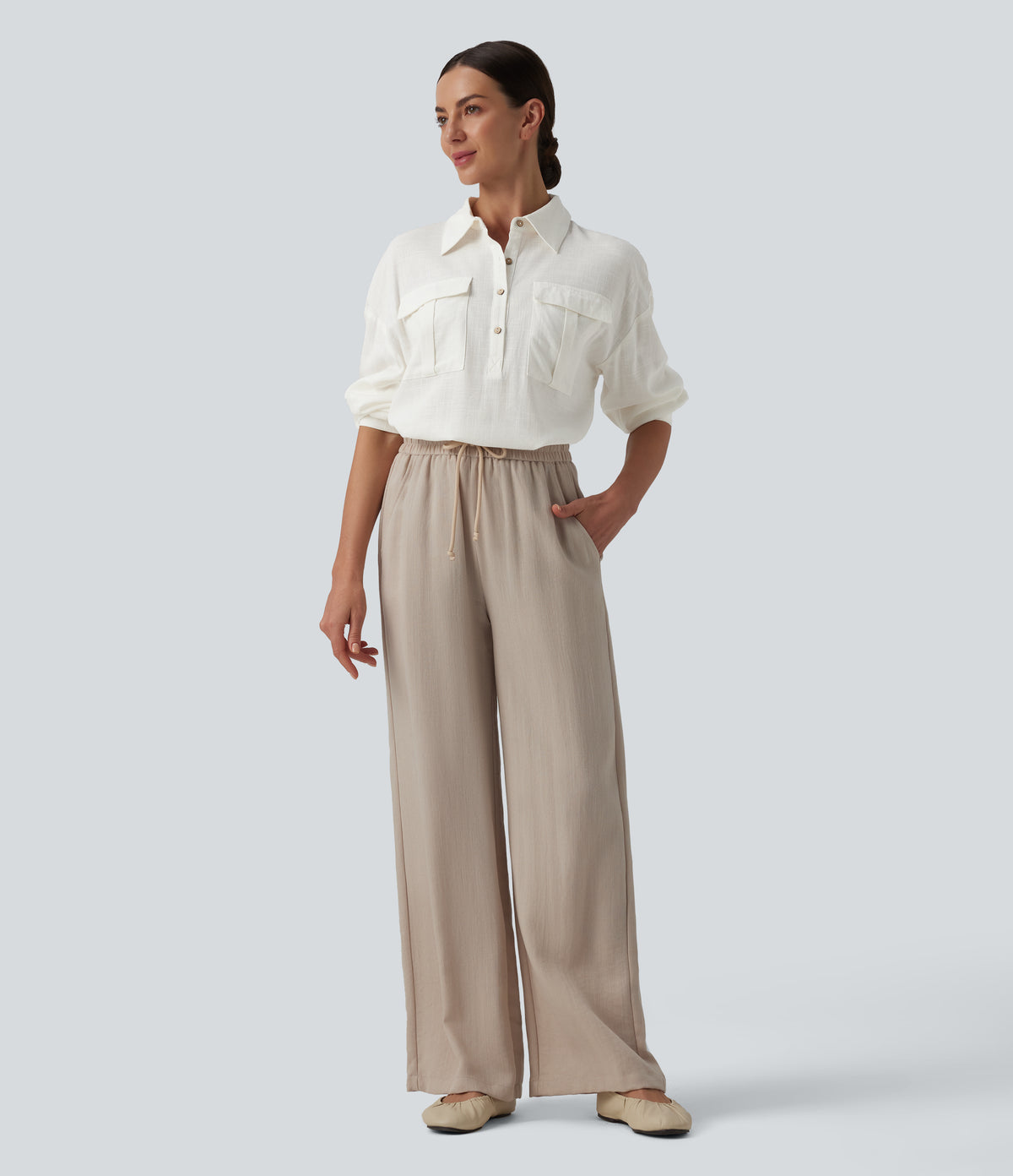 Collar Button Long Sleeve Curved Hem Casual Linen Shirt with Pockets — White — view 7