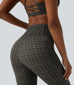 Plaid Print High Waisted Tummy Control Running Leggings with Pockets — Sandstone Check Plaid — view 5