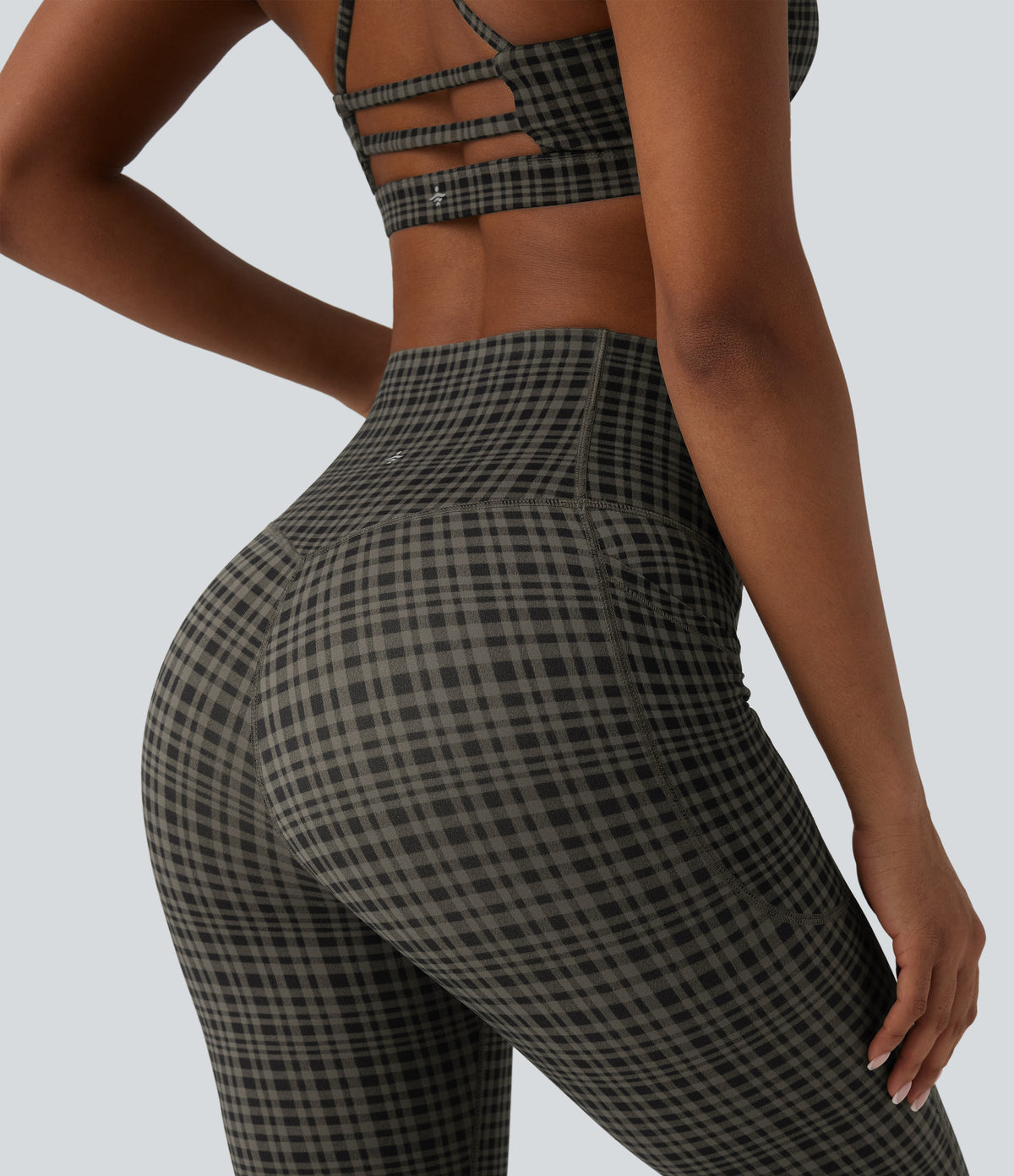 Plaid Print High Waisted Tummy Control Running Leggings with Pockets — Sandstone Check Plaid — view 5